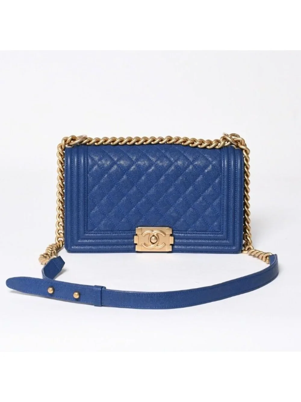 Chanel Boy Chain Shoulder Bag Blue Caviar Leather Gold